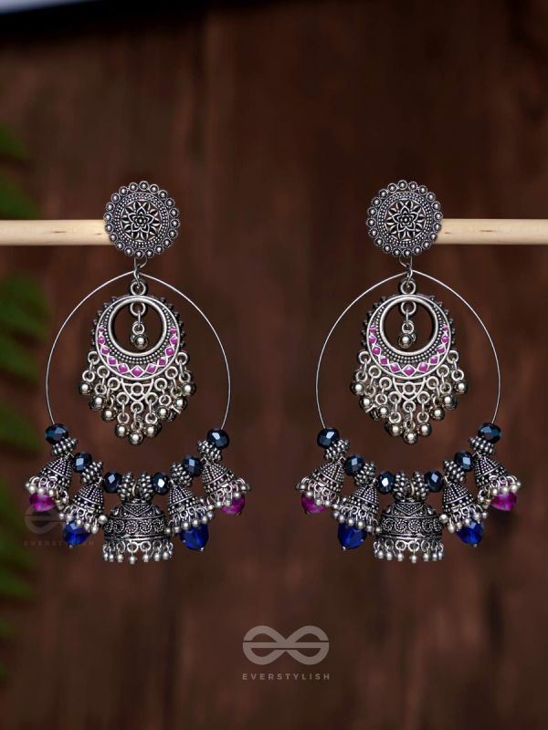  DUSKY SKYLINE ELEGANCE - STATEMENT EMBELLISHED OXIDISED JHUMKA EARRINGS