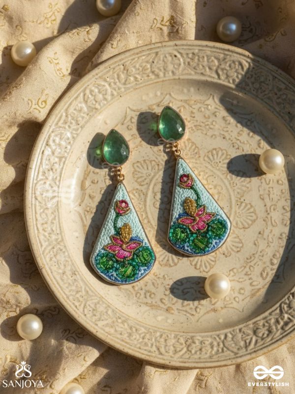 Padmalatā - Lotus Vine Hand-embroidered earrings with Cutdana, Dabka and Resham thread work 
