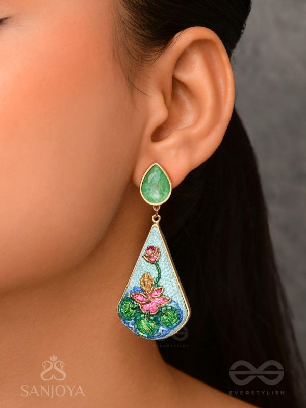 Padmalatā - Lotus Vine Hand-embroidered earrings with Cutdana, Dabka and Resham thread work 