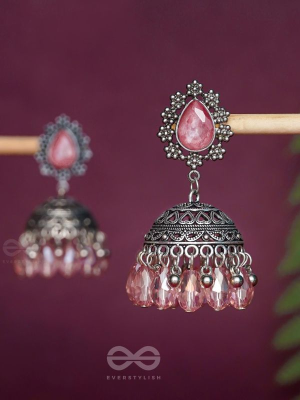 A CORAL CRUSH - EMBELLISHED OXIDISED JHUMKA EARRINGS