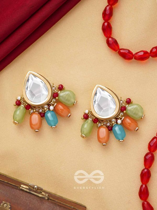 Ravih - The Sun Loving - Golden Embellished Polki And Kundan Finished Earrings (Multicolor)