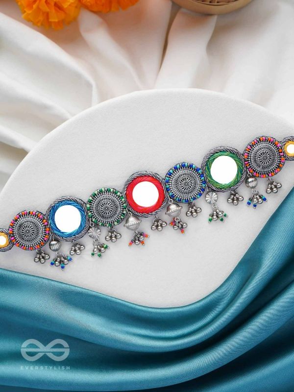 RANGAVYUHA - COLORBURST CASCADE - BEADS, MIRROR AND RESHAM EMBROIDERED AND OXIDISED NECKLACE