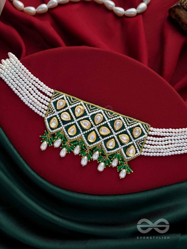 Ardrata- The Emerald Finesse- Beads, Pearl Drops, Polki And Kundan Finished Hand Embroidered Choker Neckpiece