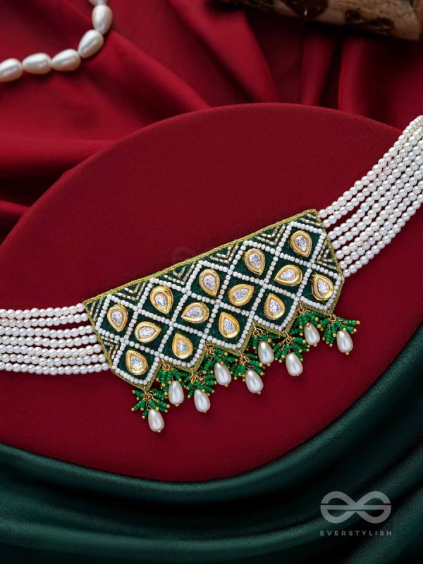 Ardrata- The Emerald Finesse- Beads, Pearl Drops, Polki And Kundan Finished Hand Embroidered Choker Neckpiece