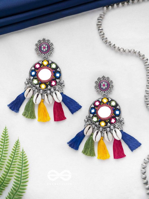 MANOHARAAKARA - THE ENCHANTING SHADES - MIRROR, BEADS AND SHELL EMBROIDERED AND OXIDISED EARRINGS