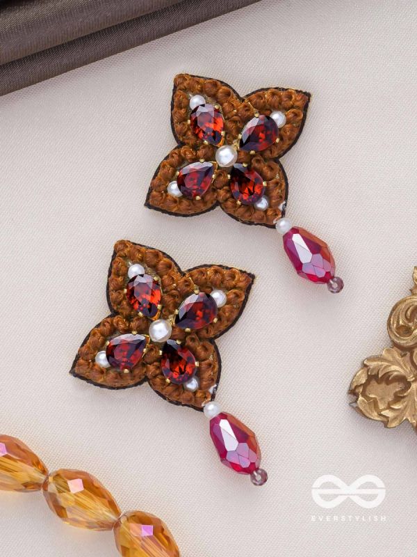 KUVALAYA - THE SCARLET BLOOM - STONE AND GLASS DROP EMBROIDERED EARRINGS