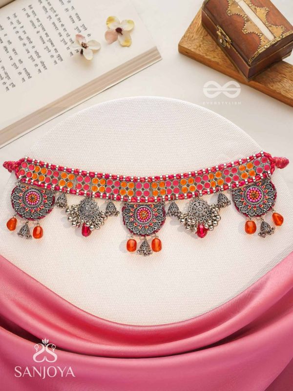 Prasvap - The Dusk Dream - Resham, Beads And Glass Drops Hand Embroidered Oxidised Choker Neckpiece