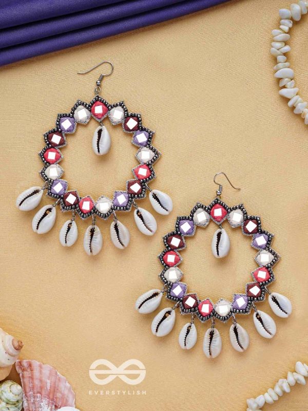 Drumalaya - Magical Sea Shells - Mirror And Shells Hand Embroidered Earrings