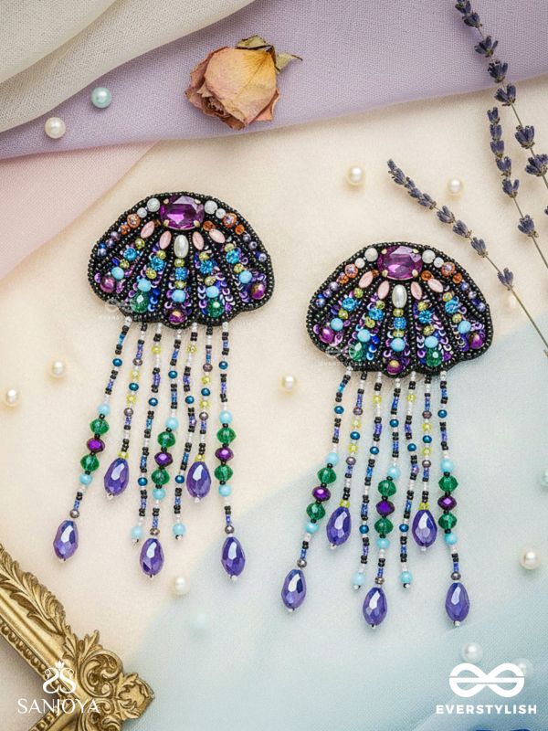 Mrdika - The Vibrant Fish - Stone, Beads And Sequins Hand Embroidered Earrings