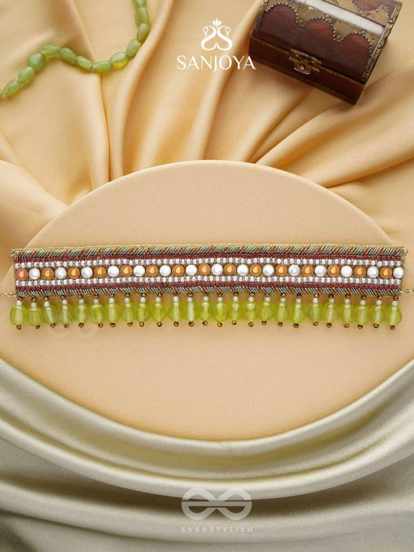 Hemaprabha- The Lively Love- Beads And Glass Drops Lace Hand Embroidered Choker Neckpiece