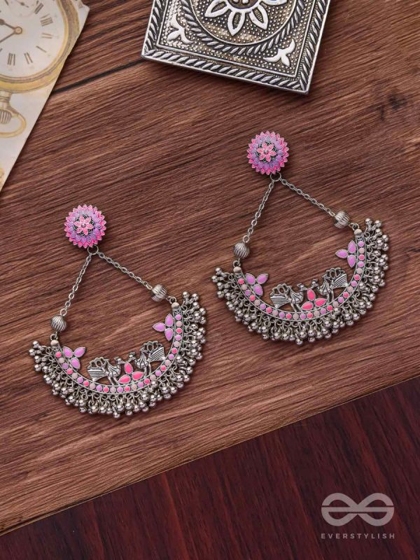 Mystical Peacocks In Lavender - Enamelled Oxidised Earrings