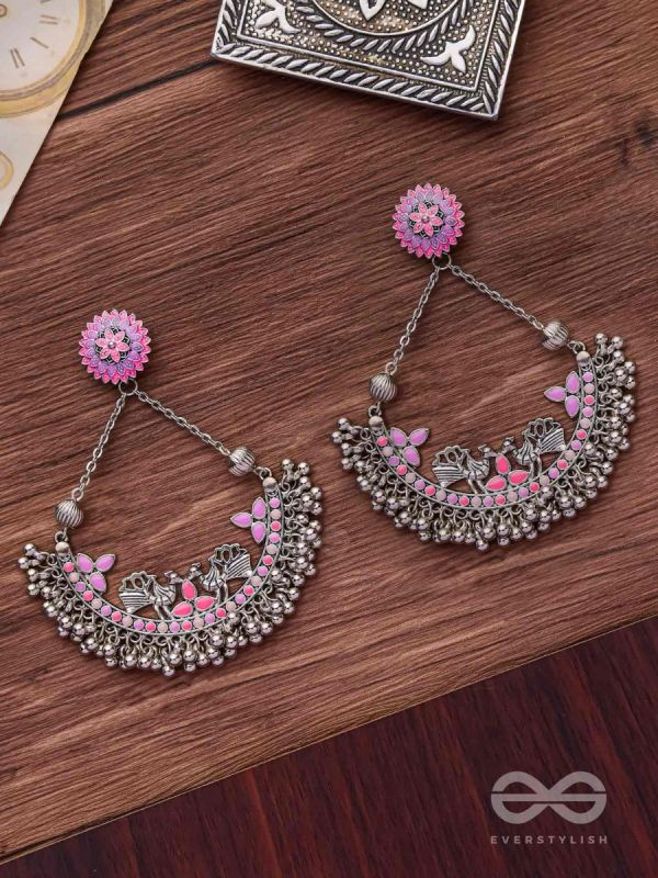 Mystical Peacocks In Lavender - Enamelled Oxidised Earrings