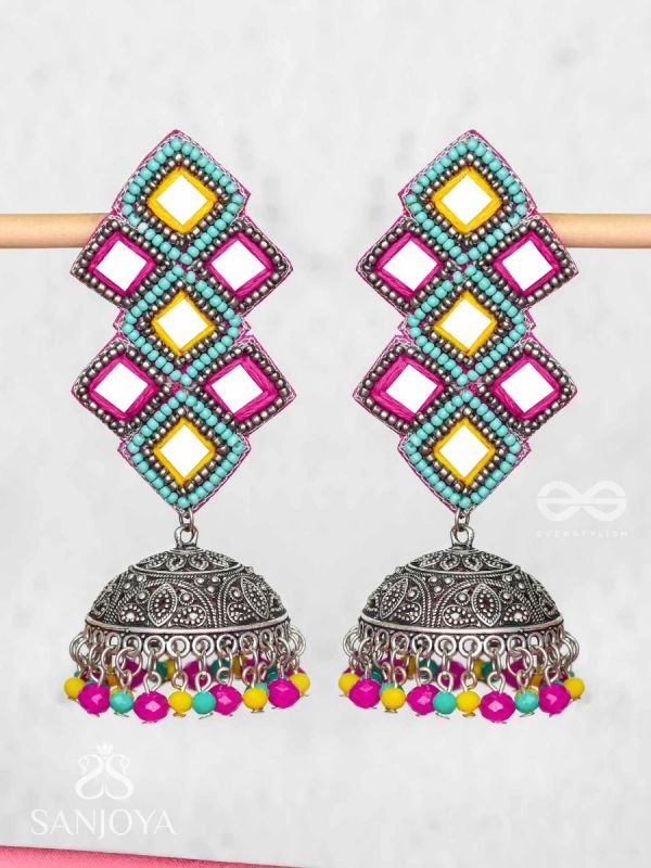 Vasantak - The Vibrant Kites- Mirrors, Resham And Beads Hand Embroidered Oxidised Jhumka Earrings