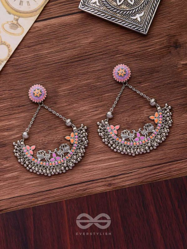 Mystical Peacocks In Coral - Enamelled Oxidised Earrings