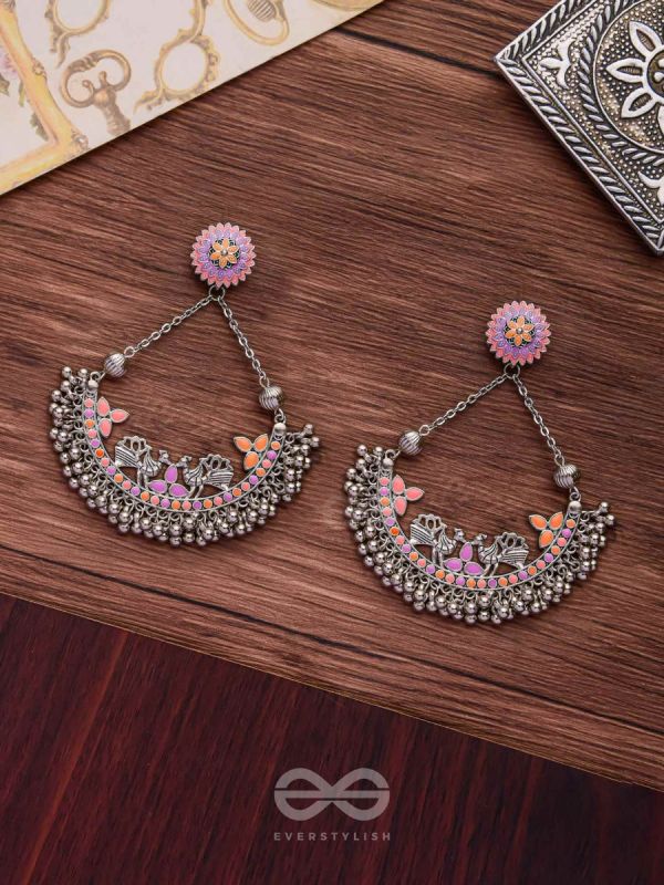 Mystical Peacocks In Coral - Enamelled Oxidised Earrings