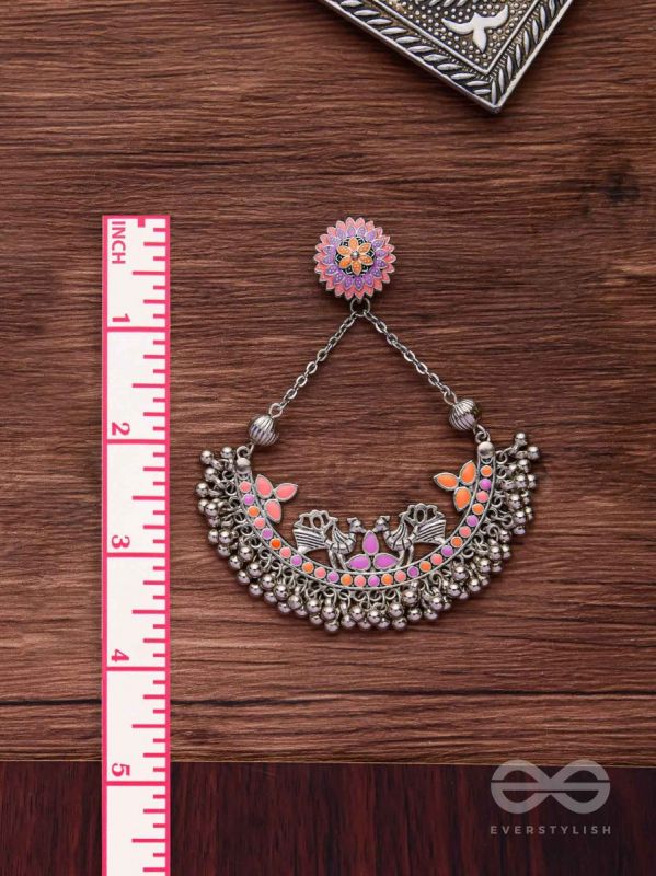 Mystical Peacocks In Coral - Enamelled Oxidised Earrings