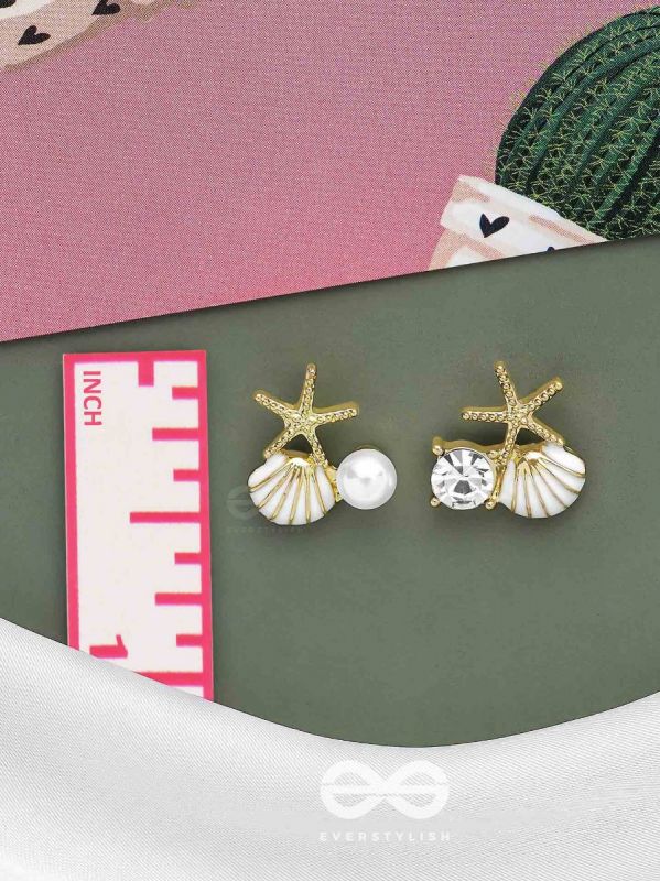 STARFISH & SEASHELL WISHES - GOLDEN AND WHITE EMBELLISHED STUD EARRINGS