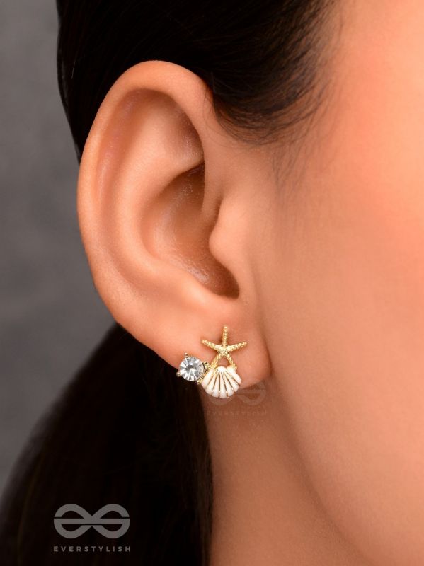 STARFISH & SEASHELL WISHES - GOLDEN AND WHITE EMBELLISHED STUD EARRINGS