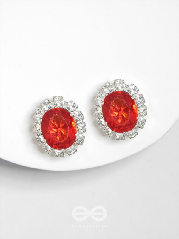 SHIMMER AND SHINE - SILVER AND RED EMBELLISHED STUD EARRINGS