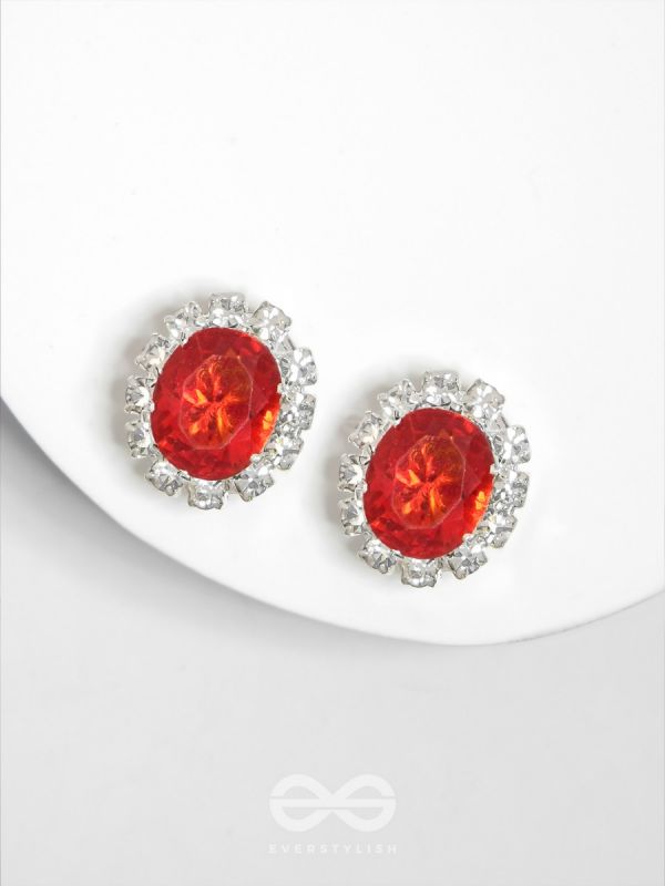 SHIMMER AND SHINE - SILVER AND RED EMBELLISHED STUD EARRINGS