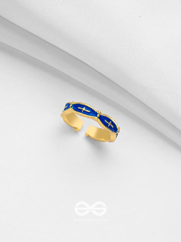 PRUSSIAN PROWESS - GOLDEN AND BLUE EMBELLISHED RING (ADJUSTABLE)