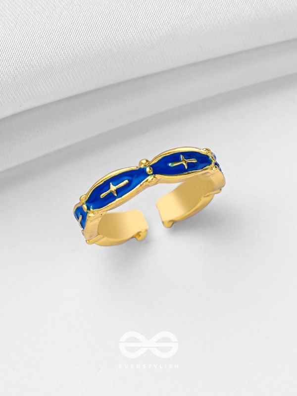 PRUSSIAN PROWESS - GOLDEN AND BLUE EMBELLISHED RING (ADJUSTABLE)