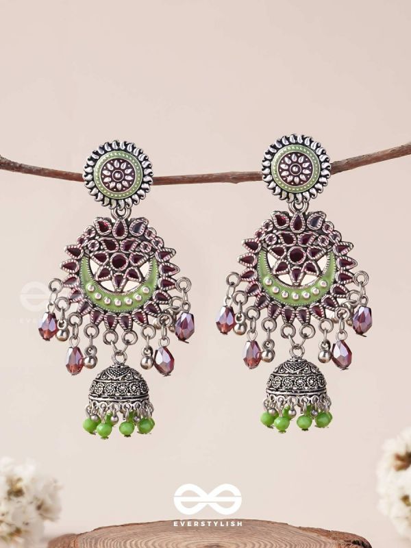 The Ruby Meadows - Statement Enamelled And Oxidised Jhumka Earrings
