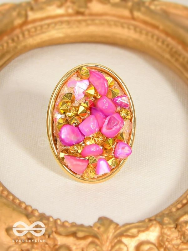 Sparkles & Stones  - Golden Embellished Ring (Pink) (Adjustable)