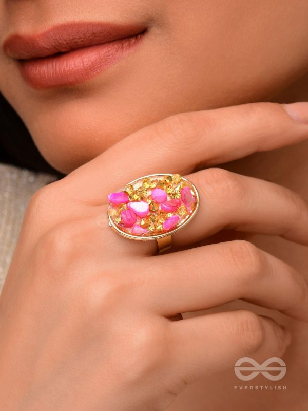 Sparkles & Stones  - Golden Embellished Ring (Pink) (Adjustable)