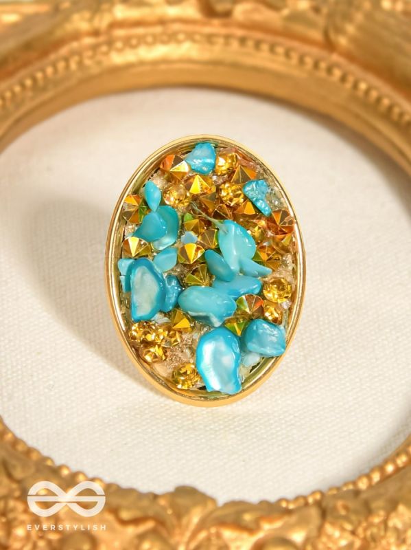 Sparkles & Stones  - Golden Embellished Ring (Blue) (Adjustable)