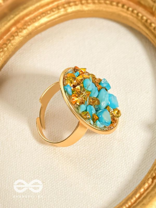 Sparkles & Stones  - Golden Embellished Ring (Blue) (Adjustable)