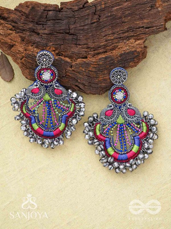 Abherī - The Melodic Dance - Resham And Beads Hand Embroidered Oxidised Earrings