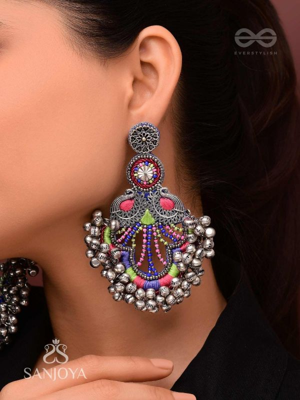 Abherī - The Melodic Dance - Resham And Beads Hand Embroidered Oxidised Earrings