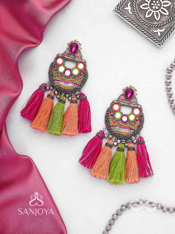 Ksipra - Shades Of Spring - Beads, Mirror And Sequins Hand Embroidered Oxidised Earrings