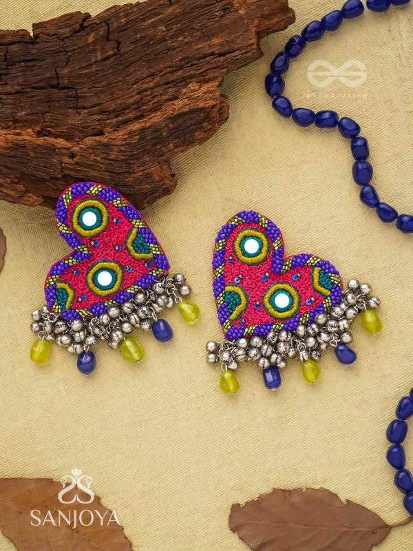 Hrdayanuga - Sound Of The Heart - Beads, Mirror And Glass Drops Hand Embroidered Oxidised Earrings