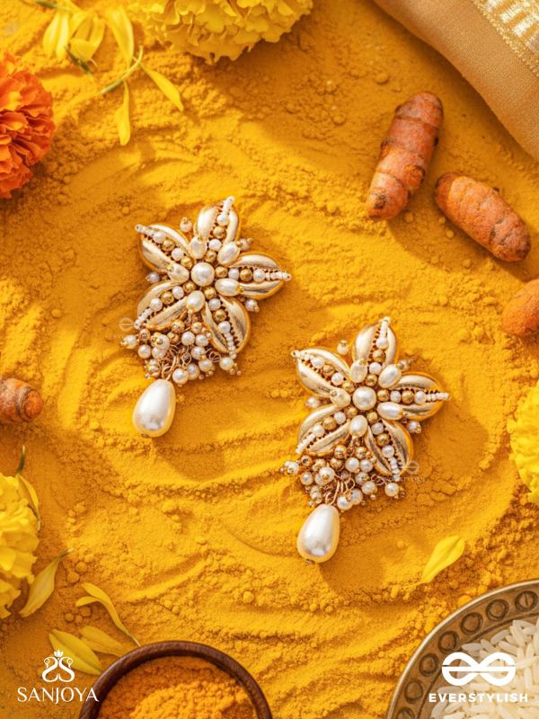 Kanaka - The Gleaming Blossoms - Beads, Shells And Pearl Drops Hand Embroidered Earrings