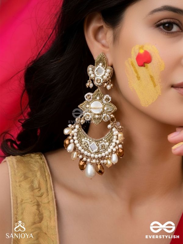 Adhirukma - The Celestial Petals - Beads, Mirrors And Glass Drops Hand Embroidered Earrings