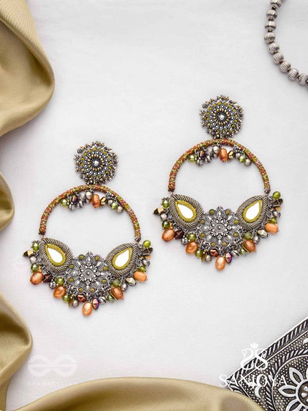 Haarin- The Divine Deer- Resham, Mirror And Glass Drops Hand Embroidered Oxidised Earrings