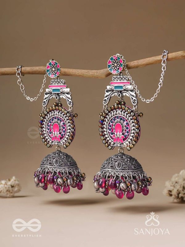 Anikini - The Lotus Manifestation- Enamelled Oxidised Chain Jhumka Earrings