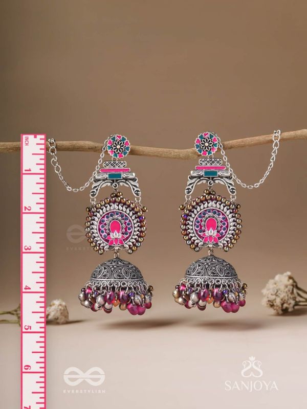 Anikini - The Lotus Manifestation- Enamelled Oxidised Chain Jhumka Earrings