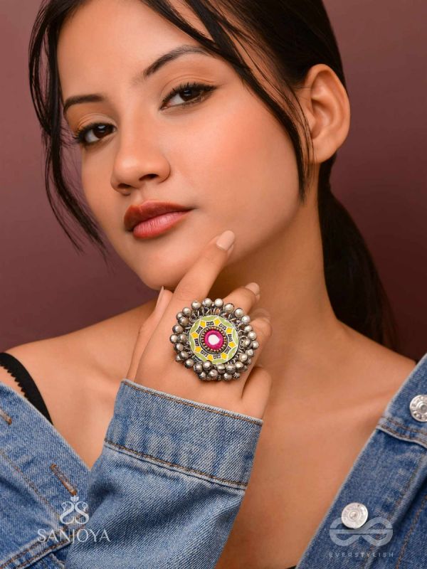 Ekatala - The Colorful Melody - Mirror And Beads Hand Embroidered Enamelled Oxidised Ring