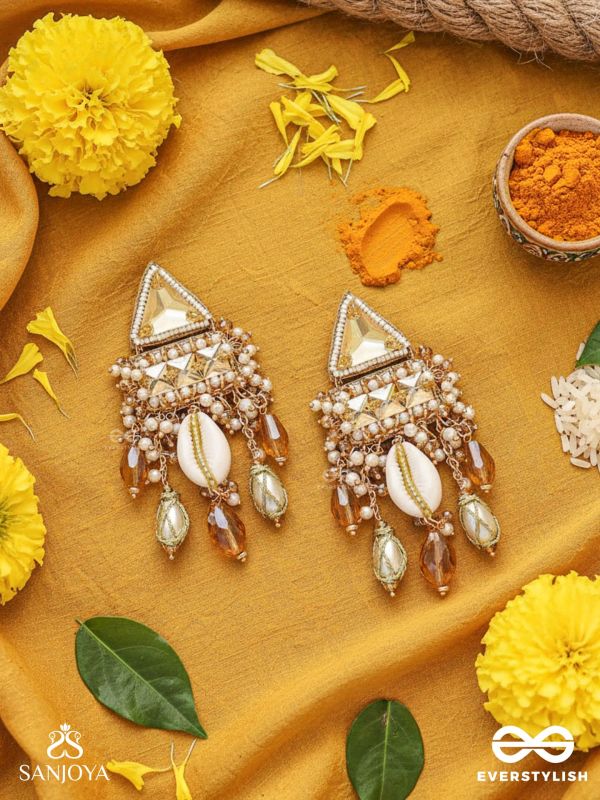 Ruchaka - Coastline Treasures - Beads, Shells And Glass Drop Hand Embroidered Earrings