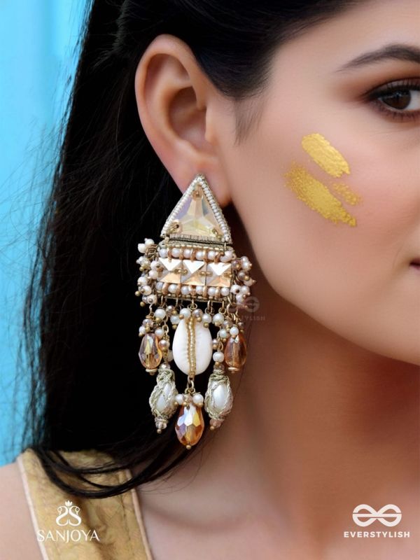 Ruchaka - Coastline Treasures - Beads, Shells And Glass Drop Hand Embroidered Earrings