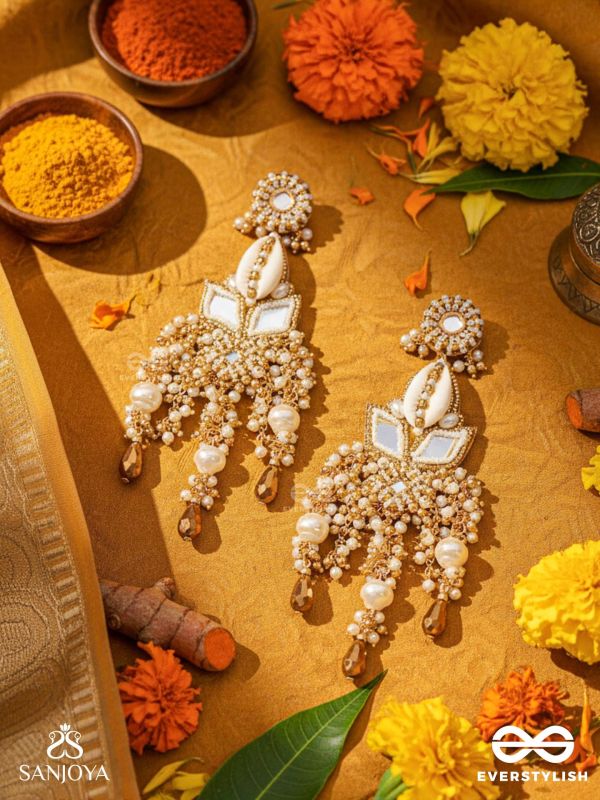 Sahasra - Golden Waves Whisper- Beads, Shells And Glass Drop Hand Embroidered Earrings
