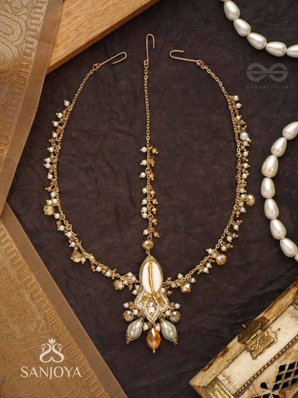 Daksayanina - Champagne Frost - Beads, Shells And Glass Drops Hand Embroidered Maangtika