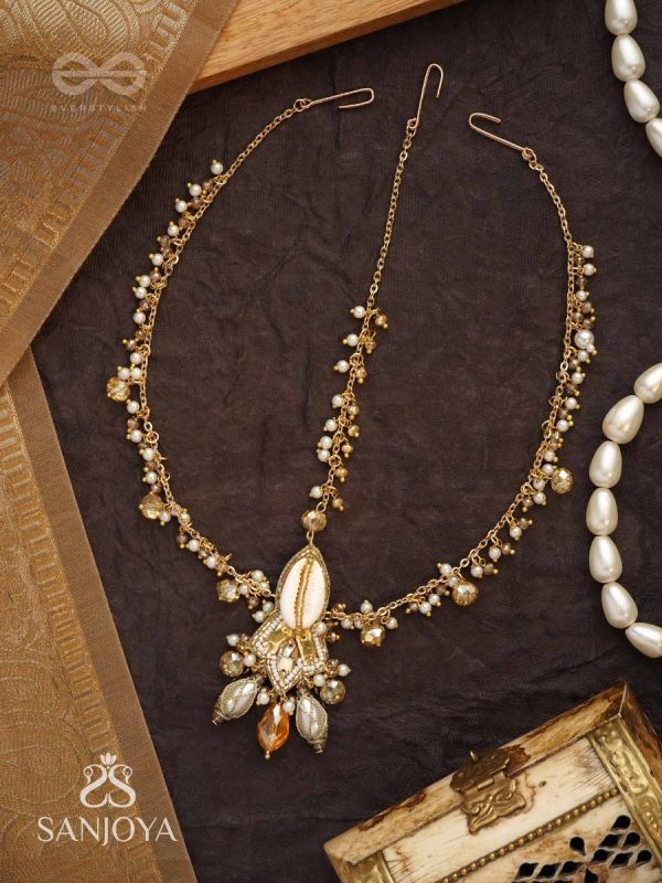 Daksayanina - Champagne Frost - Beads, Shells And Glass Drops Hand Embroidered Maangtika