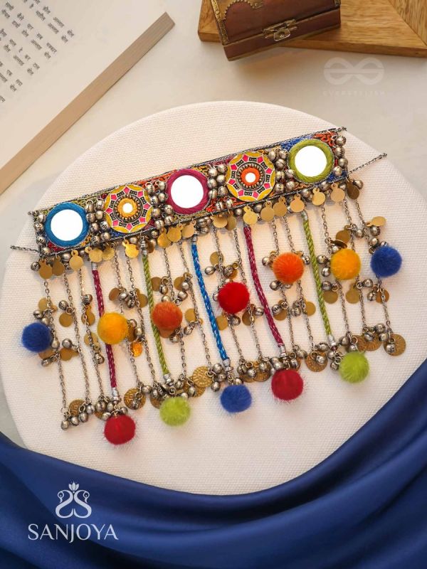 Varnaih - The Shades Of Life - Mirror, Beads And Coins Hand Embroidered Oxidised Neckpiece