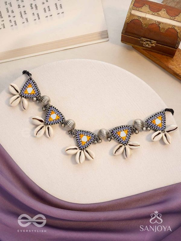 Shanakhya - The Prismy Shells - Mirrors, Shells, Resham And Beads Hand Embroidered Oxidised Choker Neckpiece