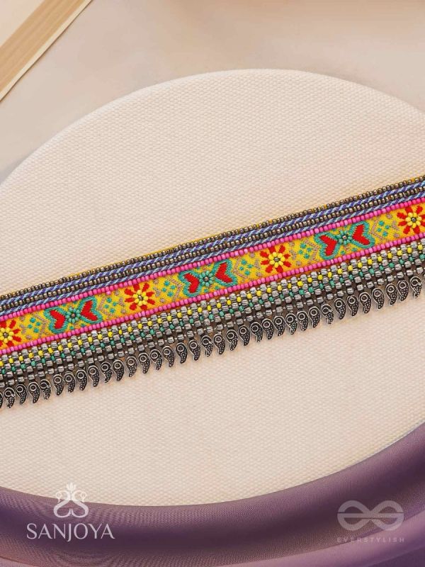 Aatpavat - The Sunlit Field - Resham And Beads Hand Embroidered Oxidised Lace Choker Neckpiece