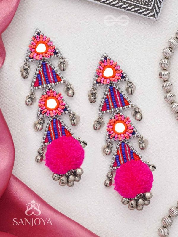Ucchraya - The Melodic Treasures - Mirror, Resham And Beads Hand Embroidered Oxidised Earrings